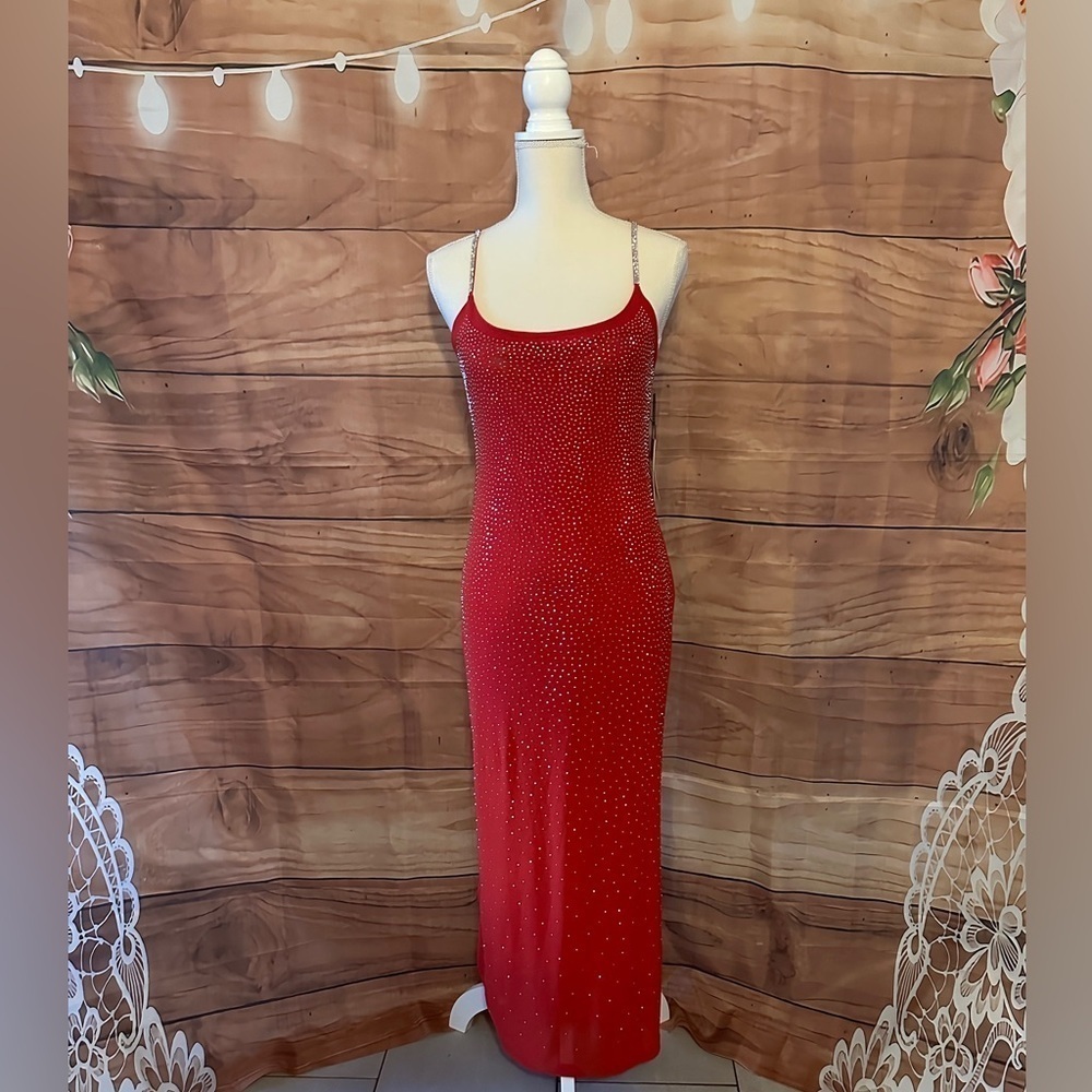 Long red spaghetti strap slip formal dress